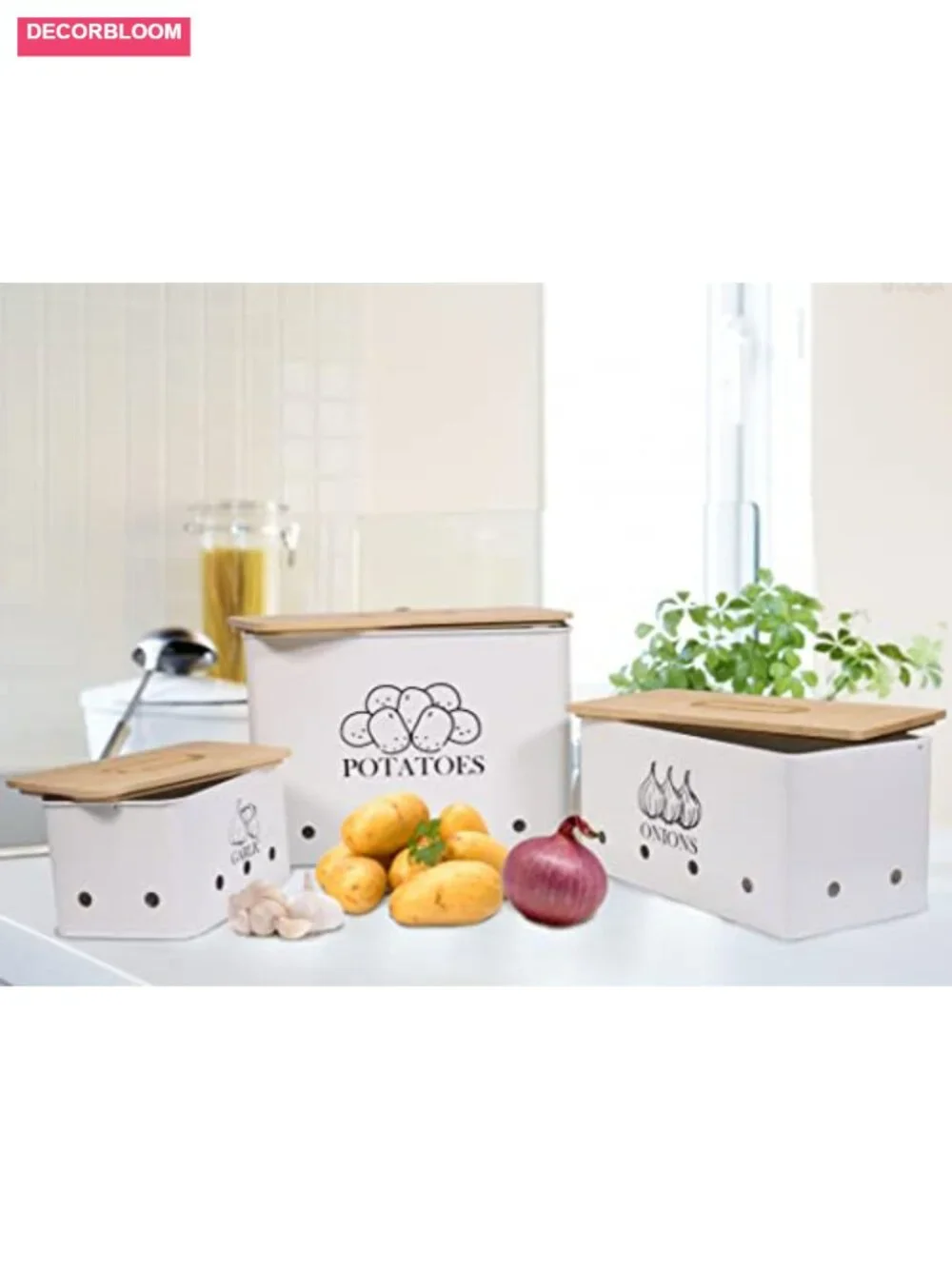 Set of 3 Metal Vegetable Storage Tins with Wooden Lids and Aerating Holes